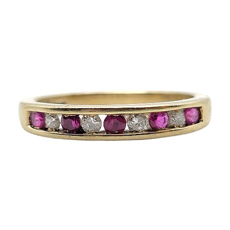 Signed 10K Gold Diamond & Ruby Eternity Ring
