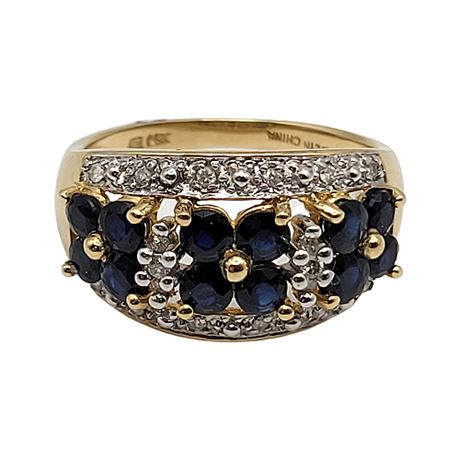 Signed 14K Gold Sapphire & Diamond Ring