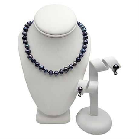 Black Freshwater Pearl & Sterling Silver Necklace & Earrings Set
