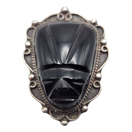 Vintage Sterling Silver & Onyx Large Aztec/Mayan Mask Brooch