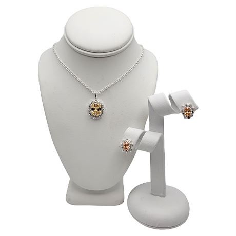 Sterling Silver Yellow Topaz CZ Necklace & Earrings Set