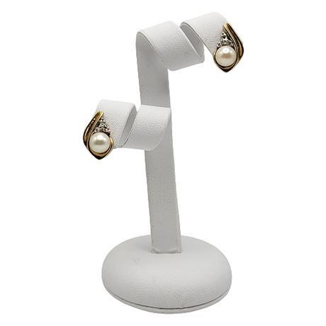 Signed 14K Gold Pearl & Diamond Earrings