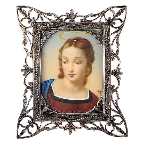 Vintage Signed Miniature Painting, Copy of Raphael's "Madonna of the Goldfinch"