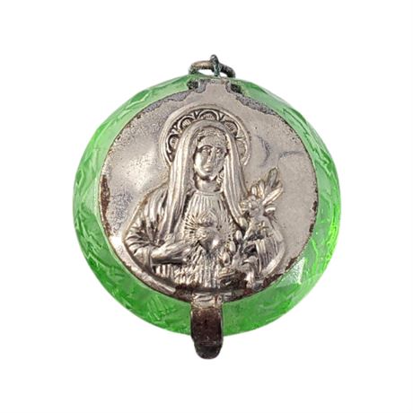 Vintage Green Glass Sacred Heart Mary Locket Case