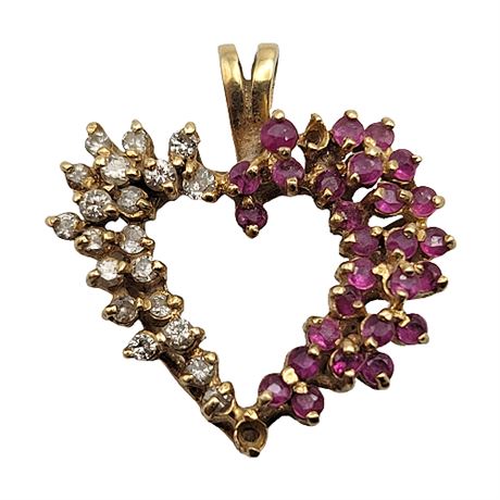 14K Gold Diamond & Ruby Heart Pendant - FLAW