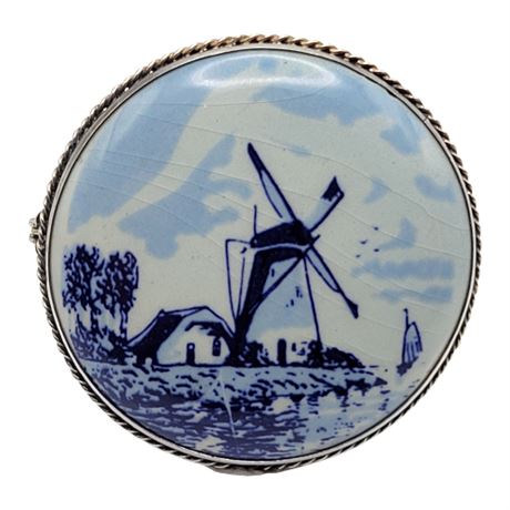 Delft Porcelain Windmill Brooch