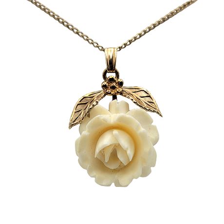 Van Dell Gold Filled Carved Bone Rose Pendant Necklace