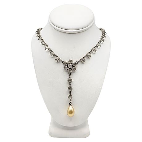 Vintage Sterling Silver Clear Crystal Y-Drop Necklace