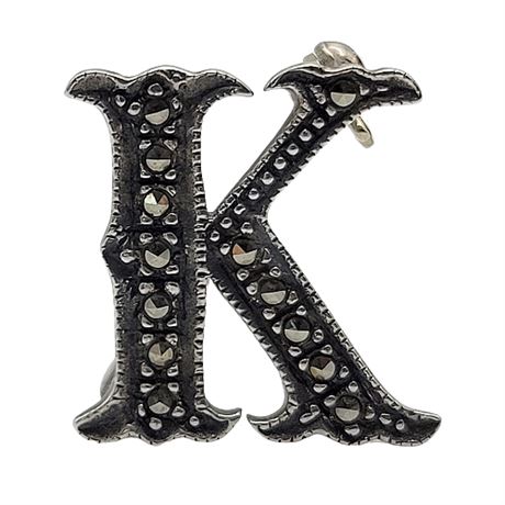 Sterling Silver & Marcasite "K" Monogram Brooch