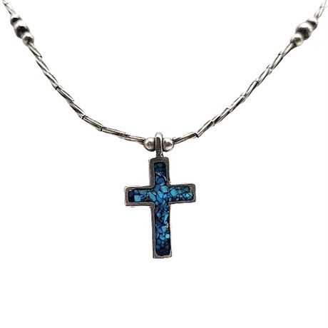 Liquid Silver & Turquoise Cross Beaded Necklace
