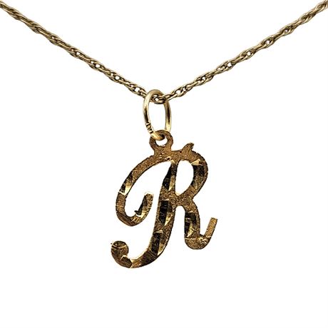 14K Gold Flash Cut "R" Monogram Initial Necklace