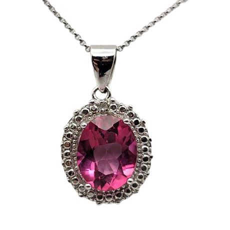 Signed Sterling Silver Pink Topaz & Diamond Necklace