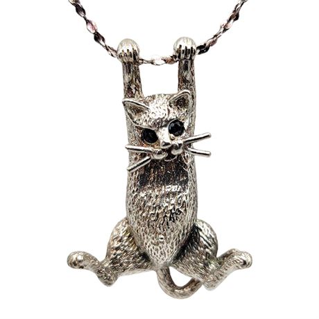 Sterling Silver "Hang In There" Cat Pendant Necklace