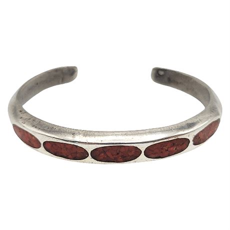 Coral Inlaid Heavy Silver Cuff Bracelet