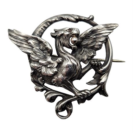 Victorian Art Nouveau Silver Gryphon Brooch