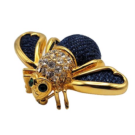 Joan Rivers Rhinestone & Denim Bumble Bee Brooch