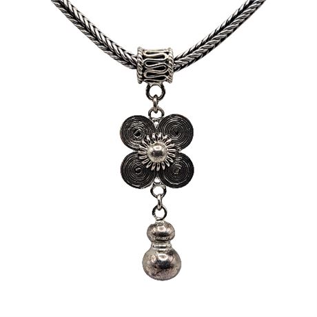 Sterling Silver Wheat Braid Chain w/ Floral Pendant