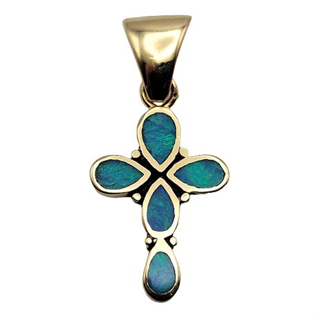 Signed Tèmè 14K Gold Black Opal Inlay Cross Pendant