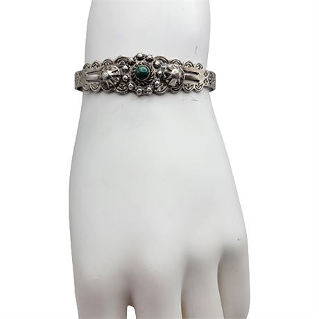 Unmarked Native Silver Malachite Cuff Bracelet