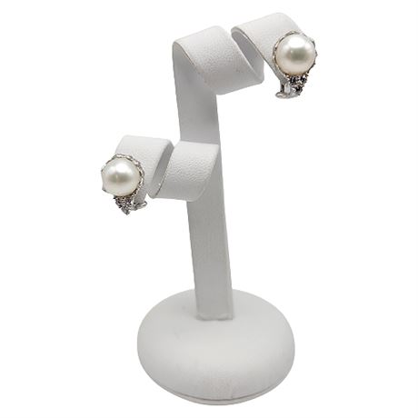Judith Ripka Sterling Silver Pearl CZ Clip Earrings