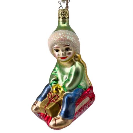 Old World Christmas "Sledding Child" Glass Tree Topper