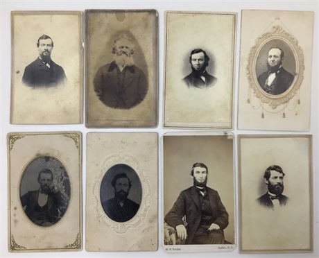 8 Civil War Men Tin Type & Carte de Visite Photographs, Stamps