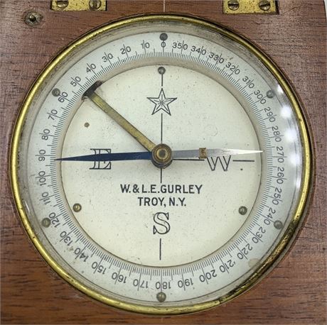 Antique W & LE Gurley NY Navigational Pocket Compass,Fine Wood Case