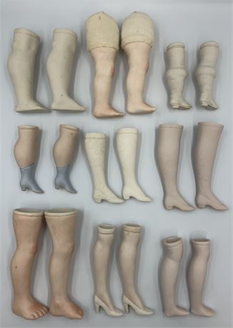 9 Matching Pairs of Vintage Bisque Doll Legs, 4” to 6 1/2” Length