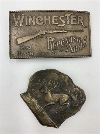 2 Vintage Belt Buckles: Winchester Repeating Arms & Brass Stag Hunting Scene