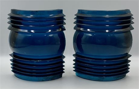 Pair Antique Maritime Ship Lantern Blue Green Ribbed Glass Lenses, Great Lakes