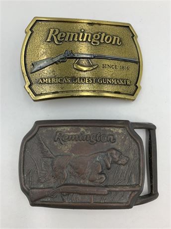 2 Vintage Belt Buckles: Remington Pointer Dog & Remington Flintlock Rifle