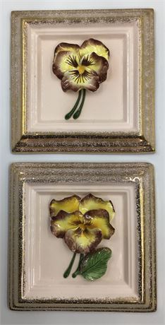 Pair Mid Century Pink Ceramic Dimensional Pansy Wall Art Plaques