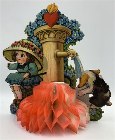 Antique 1922 Stand Up Pop Up German Paper Honeycomb Valentine with Dog