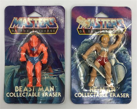 2 NOS 1984 Masters of the Universe He-Man & Beast Man Collectible Erasers
