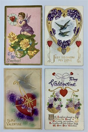 4 pc 1912-1913 Antique Valentine Postcard Lot, One cent Stamp