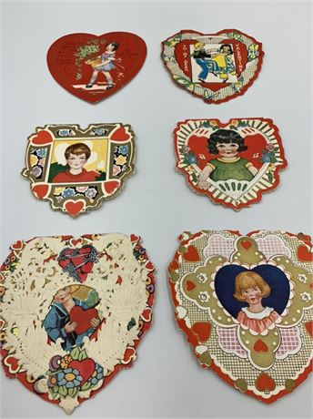 6 pc 1920s era Vintage Folded Heart Shaped Valentines