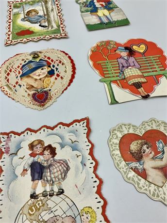 6 pc 1920s era Vintage Folded Heart Shaped & Whitney Made Valentines