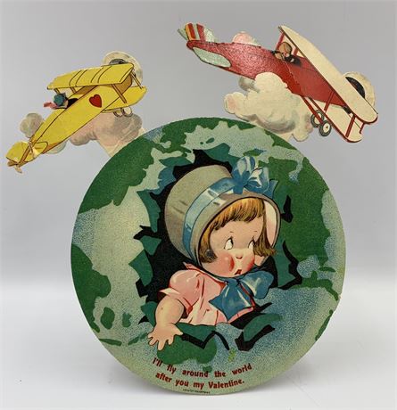 Stand Up Mechanical Vintage German Paper Bi Plane Valentine