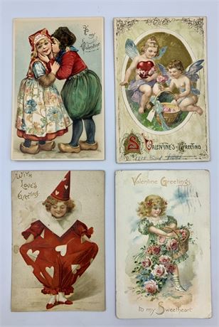4 pc 1909-1912 Antique Valentine Postcard Lot, One cent Stamp