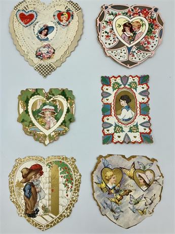6 pc 1920s era Vintage Folded Heart Shaped Butterfly Valentines