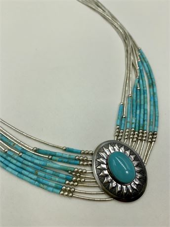 Superb Estate 925 Sterling Liquid Silver & Turquoise Cabochon Western Necklace