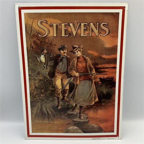 Embossed J Stevens Arms & Tool Co Edwardian Couple Hunting Advertising Sign