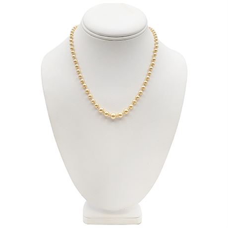 Vintage Hand Knotted Graduated Faux Pearl Necklace w/ 10K White Gold Clasp