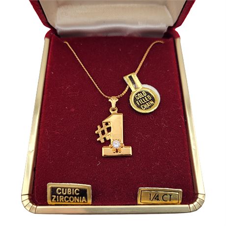 New in Box 70s/80s Gold Filled CZ #1 Pendant Necklace