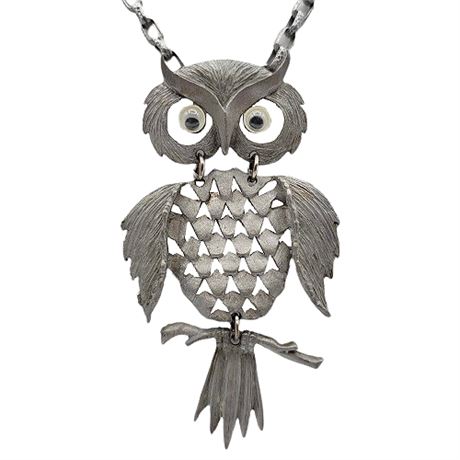 1970s Large Articulated Pewter Owl Necklace w/ Googley Eyes
