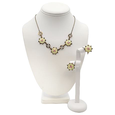 Vintage Gold Filled Floral Guilloche Enamel Necklace & Screwback Earrings Set
