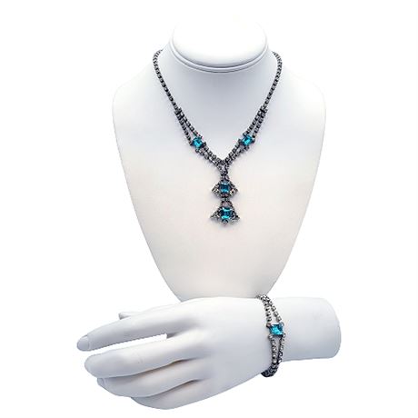 1950s Clear & Aqua Blue Rhinestone Necklace & Bracelet Set