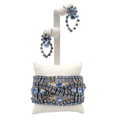 1950s Extra Wide Blue Rhinestone Twist Bracelet & Clip Earrings Set