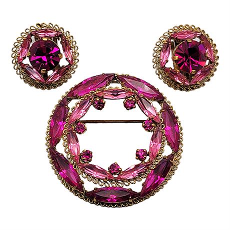 Vintage Austrian Gold Tone Pink Rhinestone Brooch & Clip Earrings Set