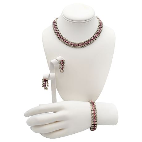 Vintage Clear & Pink Rhinestone Necklace, Bracelet & Screwback Earrings Set